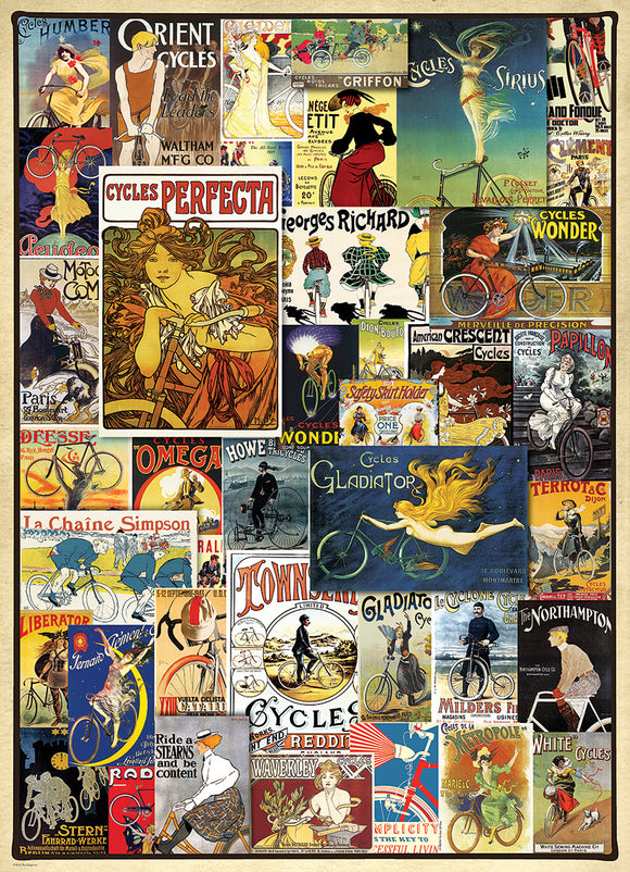 A vibrant collection of vintage bicycle posters featuring colorful designs and illustrations from various eras. The jigsaw puzzle showcases iconic advertisements for bicycles, artists, and styles, inviting enthusiasts to piece together a nostalgic look at cycling history.