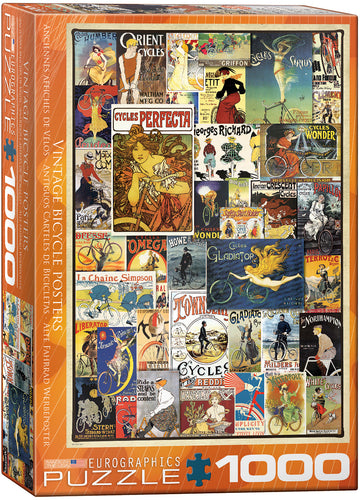 Vintage Bicycle Posters jigsaw puzzle by Eurographics featuring a colorful collage of classic bicycle advertisements from different eras. This 1000-piece puzzle showcases intricate illustrations and vibrant colors that highlight the artistry of vintage cycling promotions, making it a delightful challenge for enthusiasts and collectors.