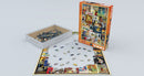 Eurographics Vintage Bicycle Posters jigsaw puzzle featuring a vibrant collection of vintage bicycle-themed posters. The puzzle includes 1000 pieces, neatly displayed with some pieces scattered on a table, and the box design showcases vintage art and color.