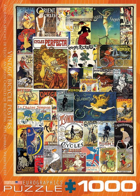 A vibrant jigsaw puzzle featuring a collection of vintage bicycle posters, showcasing various artistic styles and historical bicycle advertisements. The design includes colorful illustrations of cyclists, vintage logos, and advertisements from different eras, arranged in an appealing collage format. Perfect for puzzle enthusiasts and vintage art lovers alike.