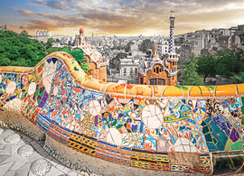 A vibrant jigsaw puzzle depicting the colorful architecture of Park Güell in Barcelona. The image features the iconic mosaic-covered bench, with patterns of various colors, surrounded by beautiful greenery and a distant city skyline. The puzzle showcases the artistic style of Gaudí, making it a delightful challenge for puzzle enthusiasts.