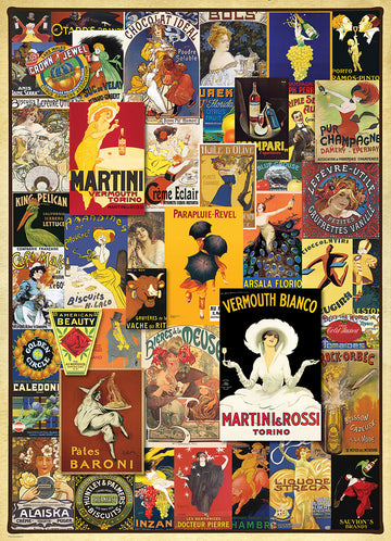A beautifully designed jigsaw puzzle featuring a vintage variety poster collage, showcasing colorful illustrations and advertisements from different eras. The collage includes art nouveau-inspired labels for products like vermouth, chocolate, and biscuits, all arranged in an eye-catching layout that offers a nostalgic glimpse into the past.