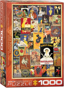 A beautifully designed jigsaw puzzle box featuring a vintage variety poster collage. The collage displays an array of colorful, nostalgic posters with themes of beverages, foods, and historic advertisements. The box showcases the Eurographics logo and indicates the puzzle contains 1000 pieces. Ideal for puzzle enthusiasts and vintage art lovers alike.