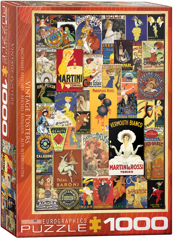 A beautifully designed jigsaw puzzle box featuring a vintage variety poster collage. The collage displays an array of colorful, nostalgic posters with themes of beverages, foods, and historic advertisements. The box showcases the Eurographics logo and indicates the puzzle contains 1000 pieces. Ideal for puzzle enthusiasts and vintage art lovers alike.