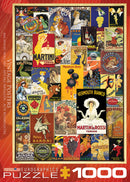 A vibrant vintage variety poster collage jigsaw puzzle featuring an array of colorful and artistic vintage posters, including advertisements for beverages, snacks, and entertainment from various eras. The puzzle consists of 1000 pieces, making it perfect for adults and puzzle enthusiasts who appreciate vintage art.