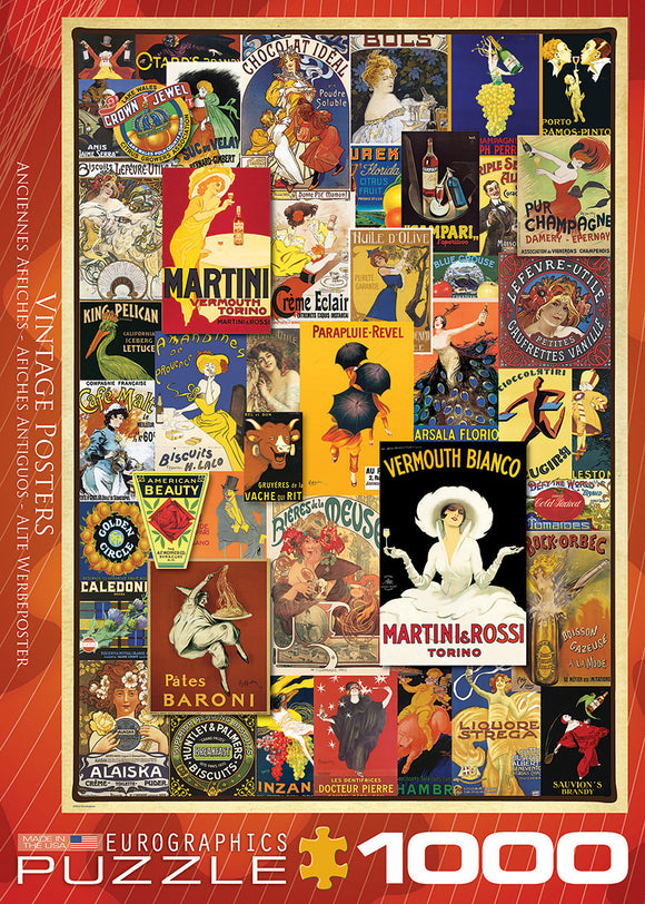 A vibrant vintage variety poster collage jigsaw puzzle featuring an array of colorful and artistic vintage posters, including advertisements for beverages, snacks, and entertainment from various eras. The puzzle consists of 1000 pieces, making it perfect for adults and puzzle enthusiasts who appreciate vintage art.