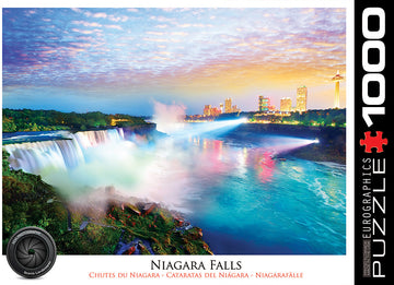 Eurographics 1000-piece jigsaw puzzle featuring a breathtaking view of Niagara Falls, capturing the vibrant colors of the waterfall and surrounding city skyline at dusk. Ideal for puzzle enthusiasts and nature lovers alike.