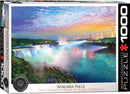 Eurographics 1000-piece jigsaw puzzle featuring a stunning view of Niagara Falls at sunset. The vibrant colors reflect off the water, showcasing the beauty of nature and the city skyline in the background.