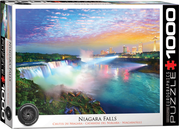 Eurographics 1000-piece jigsaw puzzle featuring a stunning view of Niagara Falls at sunset. The vibrant colors reflect off the water, showcasing the beauty of nature and the city skyline in the background.