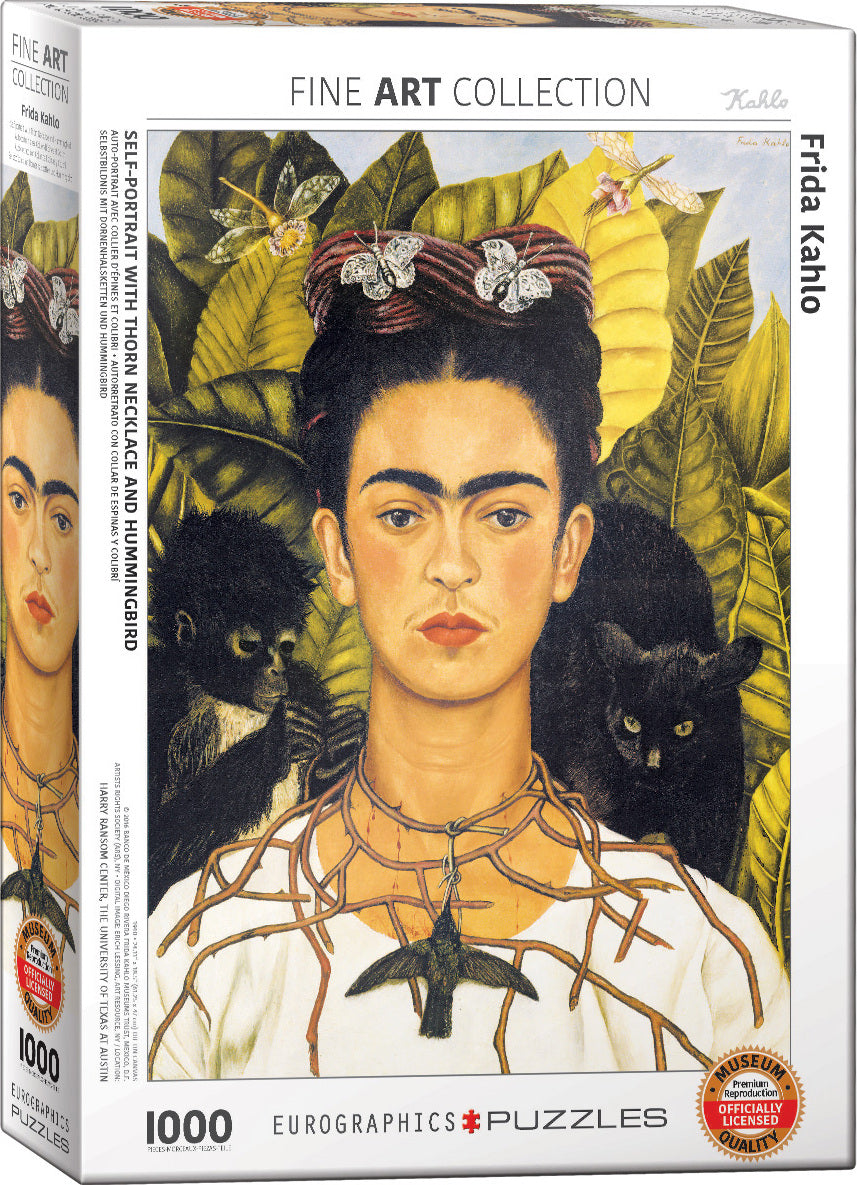 Self-Portrait with Thorn Necklace by Frida Kahlo jigsaw puzzle box, featuring a colorful depiction of Kahlo surrounded by lush foliage and animals. The puzzle contains 1000 pieces and is part of the Fine Art Collection by Eurographics.