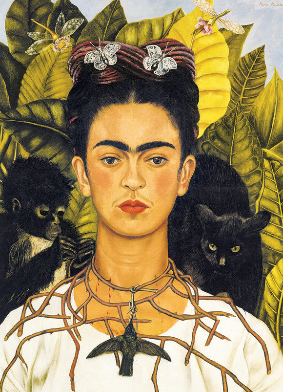 A jigsaw puzzle featuring Frida Kahlo's iconic self-portrait adorned with a thorn necklace, surrounded by lush green leaves, a monkey, and a cat. This artwork captures Kahlo's unique style and emotional depth.