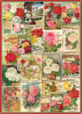 Roses Seed Catalogue Collection jigsaw puzzle featuring a collage of vintage rose seed packets and garden illustrations. The design showcases a variety of rose types, colors, and artistic styles, with intricate details and vibrant hues, making it a delightful challenge for puzzle enthusiasts and rose lovers alike.
