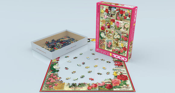 A 1000-piece jigsaw puzzle titled 'Roses Seed Catalogue Collection' by Eurographics. The box features beautiful vintage-style images of roses, with the puzzle pieces scattered on a table, showing intricate designs of flowers and a vintage backdrop.