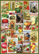 A vibrant jigsaw puzzle featuring a collage of vintage vegetable seed catalog covers. The design showcases a variety of colorful vegetables including tomatoes, cucumbers, and carrots, along with ornate illustrations and decorative fonts from seeds sellers like J. Steckler Seed Co. and Richard Fronstiger Seed Co. Ideal for puzzle enthusiasts and gardening lovers alike, this intricate puzzle invites exploration of historical seed packaging art.