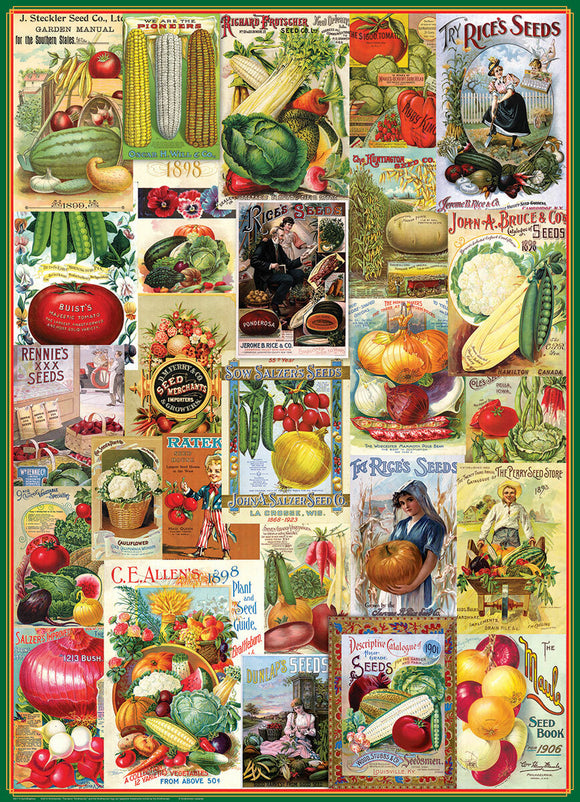 A vibrant jigsaw puzzle featuring a collage of vintage vegetable seed catalog covers. The design showcases a variety of colorful vegetables including tomatoes, cucumbers, and carrots, along with ornate illustrations and decorative fonts from seeds sellers like J. Steckler Seed Co. and Richard Fronstiger Seed Co. Ideal for puzzle enthusiasts and gardening lovers alike, this intricate puzzle invites exploration of historical seed packaging art.