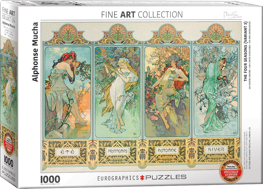 The Four Seasons jigsaw puzzle by Alphonse Mucha, featuring four elegant women representing Spring, Summer, Autumn, and Winter. The puzzle includes intricate floral designs and vibrant colors, presented in a stylish box by Eurographics.