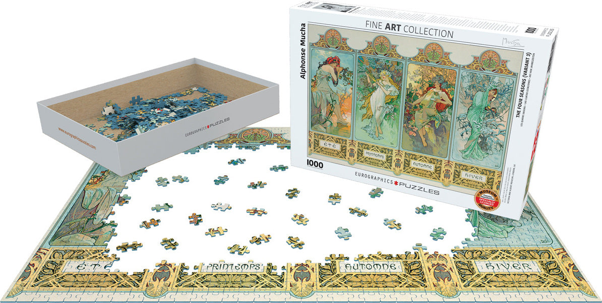 The Four Seasons jigsaw puzzle by Alphonse Mucha, produced by Eurographics. The puzzle features intricate artwork representing the four seasons. The box contains 1000 pieces and showcases colorful panel illustrations labeled 'Printemps', 'Automne', and 'Hiver'. The partially assembled puzzle reveals vibrant details from the artwork, with scattered pieces in a white box.