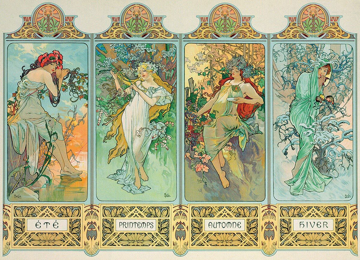 A stunning jigsaw puzzle featuring the artwork 'The Four Seasons' by Alphonse Mucha. The puzzle showcases four elegant women representing Spring, Summer, Autumn, and Winter, adorned with floral motifs and soft pastel colors. Ideal for art lovers and puzzle enthusiasts, this intricately detailed design invites hours of enjoyable assembly.