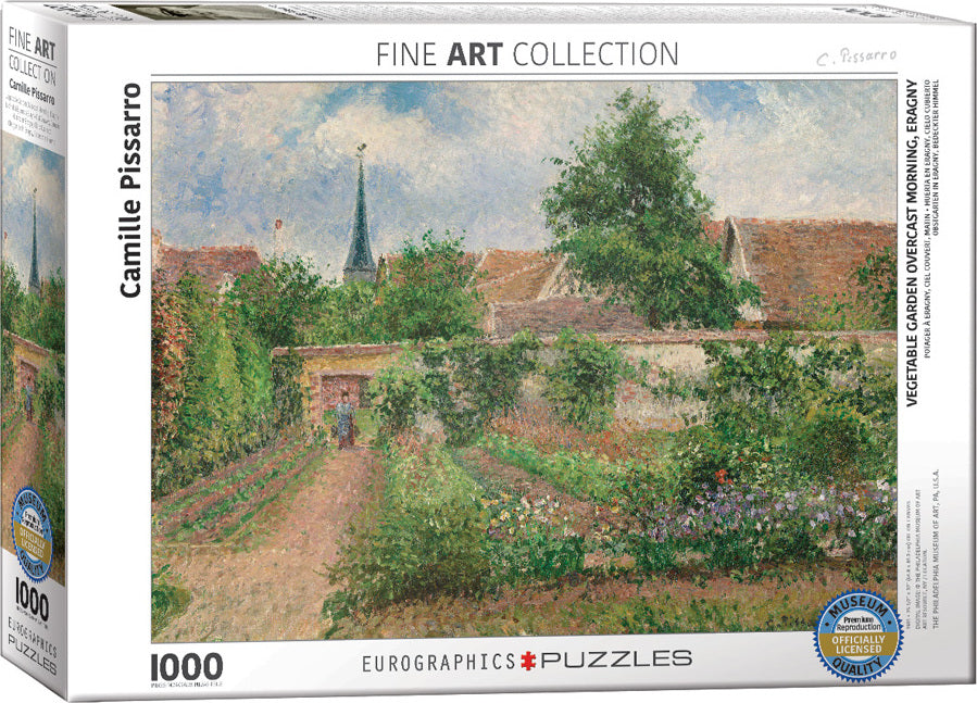 The Vegetable Garden Overcast Morn jigsaw puzzle by Eurographics features a beautifully rendered artwork by Camille Pissarro. The scene depicts a serene garden with lush greenery, blooming flowers, and a quaint structure under an overcast sky. This 1000-piece puzzle invites you to immerse yourself in the intricate details and calming colors, perfect for art lovers and puzzle enthusiasts alike.