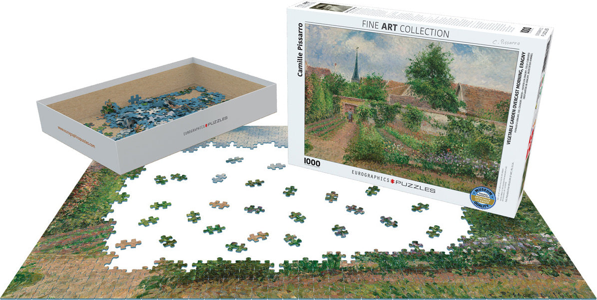 Vegetable Garden Overcast Morn jigsaw puzzle by Eurographics. The image shows loose puzzle pieces scattered on a table, with some pieces partially assembled. The puzzle box, part of the Fine Art Collection featuring Camille Pissarro's artwork, is visible along with an empty tray for sorting pieces.