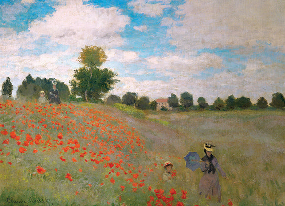 A jigsaw puzzle featuring Claude Monet's 'The Poppy Field', depicting vibrant red poppies in a grassy landscape with figures enjoying the scene under a blue sky.