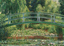 A jigsaw puzzle featuring Claude Monet's famous painting, 'The Japanese Footbridge'. The artwork depicts a serene green bridge over a pond filled with water lilies, capturing the essence of Impressionism with vibrant colors and lush vegetation surrounding the scene.