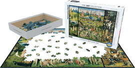 Jigsaw puzzle featuring The Garden of Earthly Delights by Hieronymus Bosch. The box shows the completed artwork, with pieces scattered and a partially assembled section on a table.