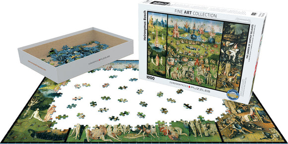 Jigsaw puzzle featuring The Garden of Earthly Delights by Hieronymus Bosch. The box shows the completed artwork, with pieces scattered and a partially assembled section on a table.