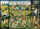 A detailed jigsaw puzzle featuring 'The Garden of Earthly Delights' by Hieronymus Bosch, vividly depicting fantastical creatures, landscapes, and various human activities across three panels. The artwork showcases a blend of paradise, earthly pleasures, and hellish scenes, rich in colors and intricate details, inviting puzzlers to engage in a challenging assembly of this iconic masterpiece.