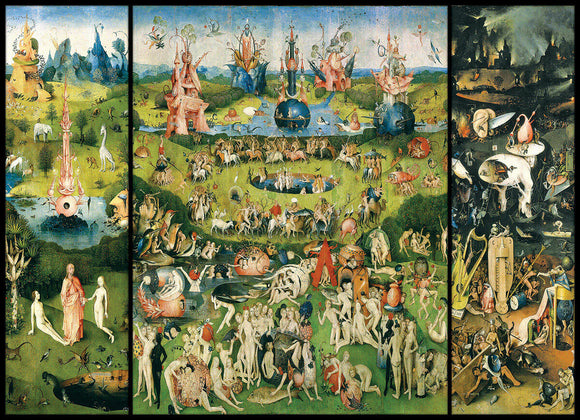 A detailed jigsaw puzzle featuring 'The Garden of Earthly Delights' by Hieronymus Bosch, vividly depicting fantastical creatures, landscapes, and various human activities across three panels. The artwork showcases a blend of paradise, earthly pleasures, and hellish scenes, rich in colors and intricate details, inviting puzzlers to engage in a challenging assembly of this iconic masterpiece.