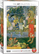 The jigsaw puzzle 'La Orana Maria (Hail Mary)' by Paul Gauguin features a vibrant depiction of two women and a child standing in a lush, tropical landscape filled with vivid flowers and greenery. The artwork, part of the Fine Art Collection by Eurographics, showcases Gauguin's unique style and color palette, making it a delightful challenge for puzzle enthusiasts. This 1000-piece puzzle is perfect for art lovers and those who appreciate intricate details.