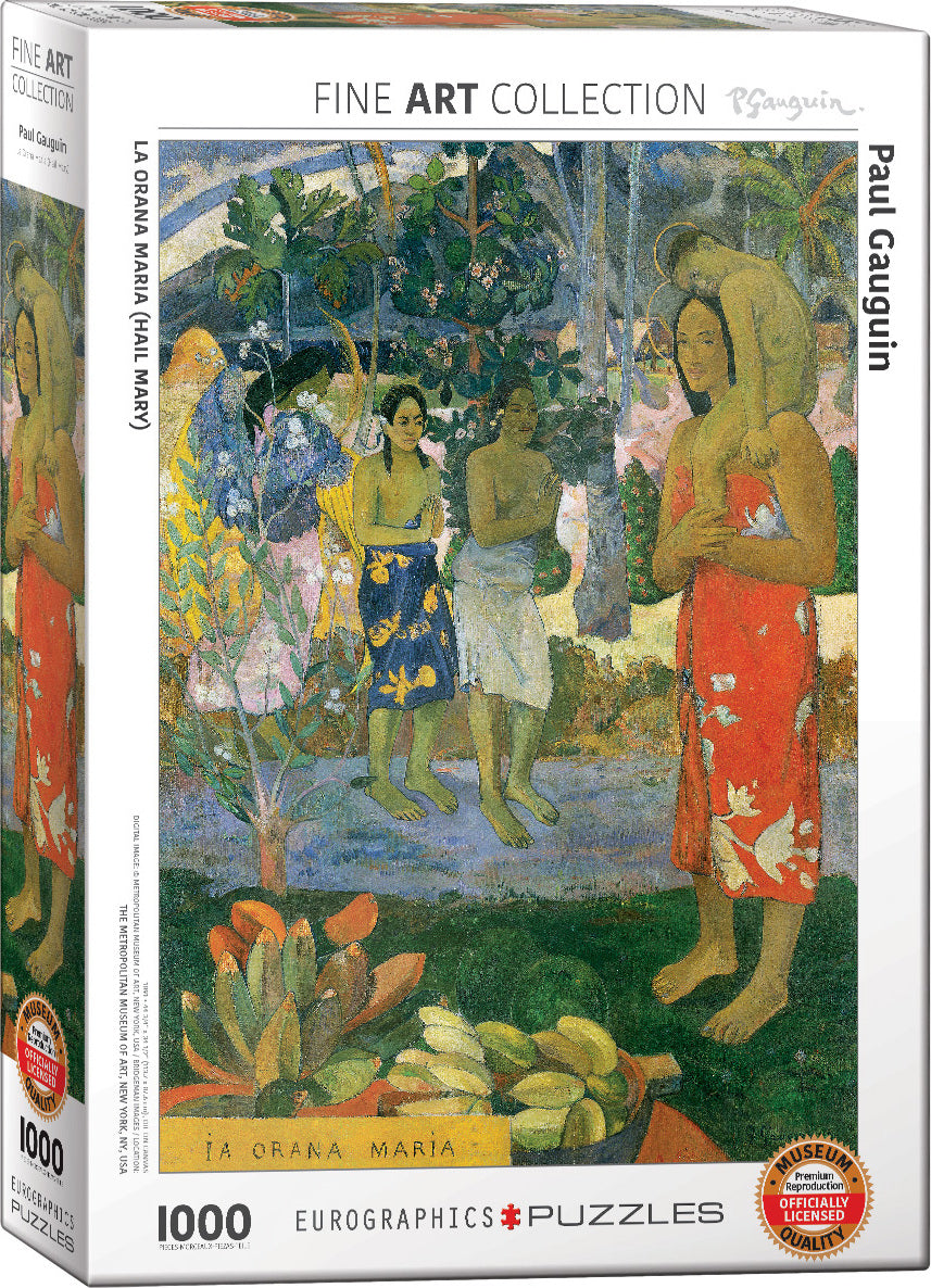 The jigsaw puzzle 'La Orana Maria (Hail Mary)' by Paul Gauguin features a vibrant depiction of two women and a child standing in a lush, tropical landscape filled with vivid flowers and greenery. The artwork, part of the Fine Art Collection by Eurographics, showcases Gauguin's unique style and color palette, making it a delightful challenge for puzzle enthusiasts. This 1000-piece puzzle is perfect for art lovers and those who appreciate intricate details.