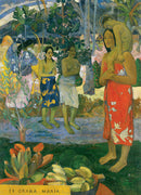 Jigsaw puzzle featuring Paul Gauguin's painting 'La Orana Maria' (Hail Mary), depicting three Tahitian women in colorful attire among lush tropical foliage and a fruit display.