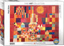 Jigsaw puzzle box featuring the artwork 'Castle and Sun' by Paul Klee. The vibrant design showcases an abstract representation of castles and the sun in warm hues of red, orange, yellow, and blue. This 1000-piece puzzle is part of Eurographics' Fine Art Collection, designed to promote creativity and provide an engaging challenge for puzzle enthusiasts.