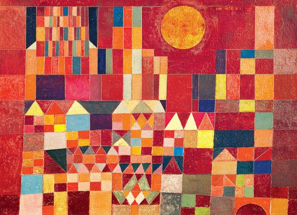 A colorful jigsaw puzzle featuring 'Castle and Sun' by Paul Klee. The image showcases a vibrant array of geometric shapes in reds, yellows, blues, and greens, depicting stylized castles and a large sun in a striking artistic style.