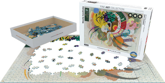 The Dominant Curve jigsaw puzzle by Eurographics features a vibrant and colorful abstract artwork by Wassily Kandinsky. The box displays the completed design while puzzle pieces are scattered on a flat surface, with some pieces fitting into the partially completed puzzle.