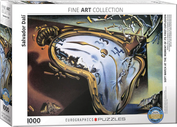 Eurographics jigsaw puzzle featuring Salvador Dalí's artwork 'Soft Watch at the Moment of First Explosion'. The puzzle contains 1000 pieces and showcases a surreal melting clock against a backdrop of abstract elements.
