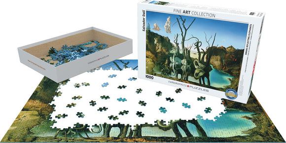 The Swans Reflecting Elephants jigsaw puzzle by Eurographics features an artistic design by Salvador Dali. The box displays the completed artwork, while the puzzle pieces are partially assembled on a table, showcasing vibrant colors and intricate details. The puzzle has 1000 pieces and is presented in a sturdy box for storage.