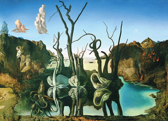 A jigsaw puzzle featuring the surreal artwork 'Swans Reflecting Elephants' by Salvador Dali, showcasing a dreamlike landscape with swans and elephants blending into nature, capturing classic surrealism in intricate puzzle pieces.