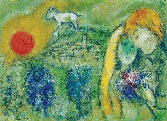 A vibrant jigsaw puzzle featuring Marc Chagall's artwork 'The Lovers of Vence'. The image depicts a couple embracing, surrounded by lush greenery, a goat on a hill, and a bright red sun in the background, capturing a romantic and dreamy atmosphere.