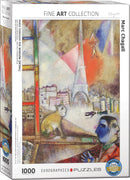 Jigsaw puzzle titled 'Paris through the Window' featuring a colorful detail from Marc Chagall's artwork, showcasing the Eiffel Tower and whimsical characters in a dreamlike Parisian landscape. The box displays vibrant hues and intricate imagery, inviting art lovers and puzzle enthusiasts to enjoy the creative challenge of assembling this fine art collection piece.