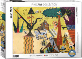 The Tilled Field by Joan Miró jigsaw puzzle box featuring a vibrant and abstract landscape filled with colorful shapes and figures, blending elements of nature and agriculture. The artwork showcases whimsical characters and playful imagery, set against a yellow background. The Eurographics logo and puzzle specifications are visible on the box.