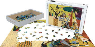 A jigsaw puzzle featuring 'The Tilled Field' by Joan Miró. The partially completed puzzle lies on a table, showing vibrant colors and abstract designs. The box of the puzzle is displayed beside it, labeled with the title and artist's name. Puzzle pieces are scattered around, some resembling elements from the painting, including animals, plants, and geometric shapes.