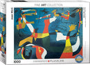 Eurographics jigsaw puzzle titled 'Swallow; Love' by Joan Miró, featuring vibrant abstract art with bold colors and playful shapes, designed for puzzle enthusiasts. The box displays a colorful collage including birds and hands, promoting creativity and artistic appreciation.