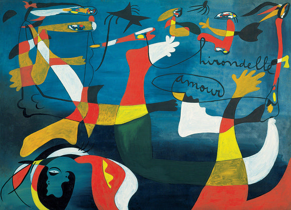 A colorful jigsaw puzzle featuring the artwork 'Swallow; Love' by Joan Miró. The design showcases abstract figures in vibrant colors like red, yellow, and blue against a dark background, creating a playful and surreal atmosphere.