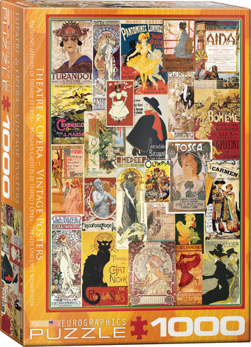 A vibrant jigsaw puzzle featuring vintage theater and opera posters created by Eurographics. The box art showcases an eclectic collection of artsy posters, each representing iconic performances and classical music with detailed illustrations and unique typography. Perfect for puzzle enthusiasts and lovers of vintage art.