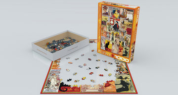 Eurographics Theater & Opera Vintage Posters jigsaw puzzle. The image shows the puzzle box displaying various vintage opera and theater posters, alongside the partially completed puzzle on a flat surface. Pieces are scattered nearby, featuring colorful designs and iconic artwork.