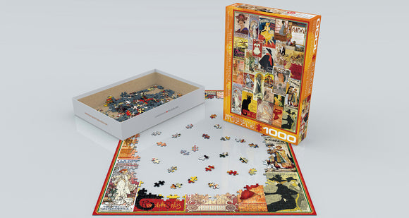 Eurographics Theater & Opera Vintage Posters jigsaw puzzle. The image shows the puzzle box displaying various vintage opera and theater posters, alongside the partially completed puzzle on a flat surface. Pieces are scattered nearby, featuring colorful designs and iconic artwork.