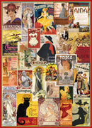 A vibrant jigsaw puzzle featuring a collection of vintage theater and opera posters. The artwork includes iconic designs from operas like Turandot, La Boheme, and Carmen, showcasing intricate illustrations and decorative fonts, perfect for art lovers and puzzle enthusiasts.