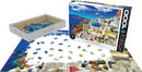 Eurographics jigsaw puzzle titled 'Oia, Santorini Greece' featuring 1000 pieces. The packaging shows a vibrant image of Santorini with blue domed roofs and stunning ocean views. A few scattered pieces are shown on a partially completed puzzle, demonstrating the delightful challenges of assembling this beautiful landscape.